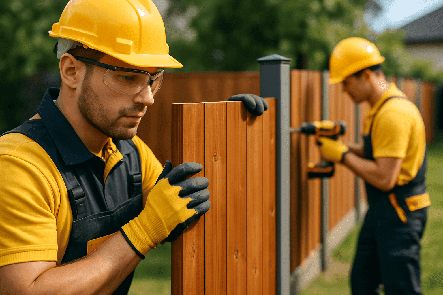 Professional residential fencing installation with workers handling wooden fence panels wearing safety gear