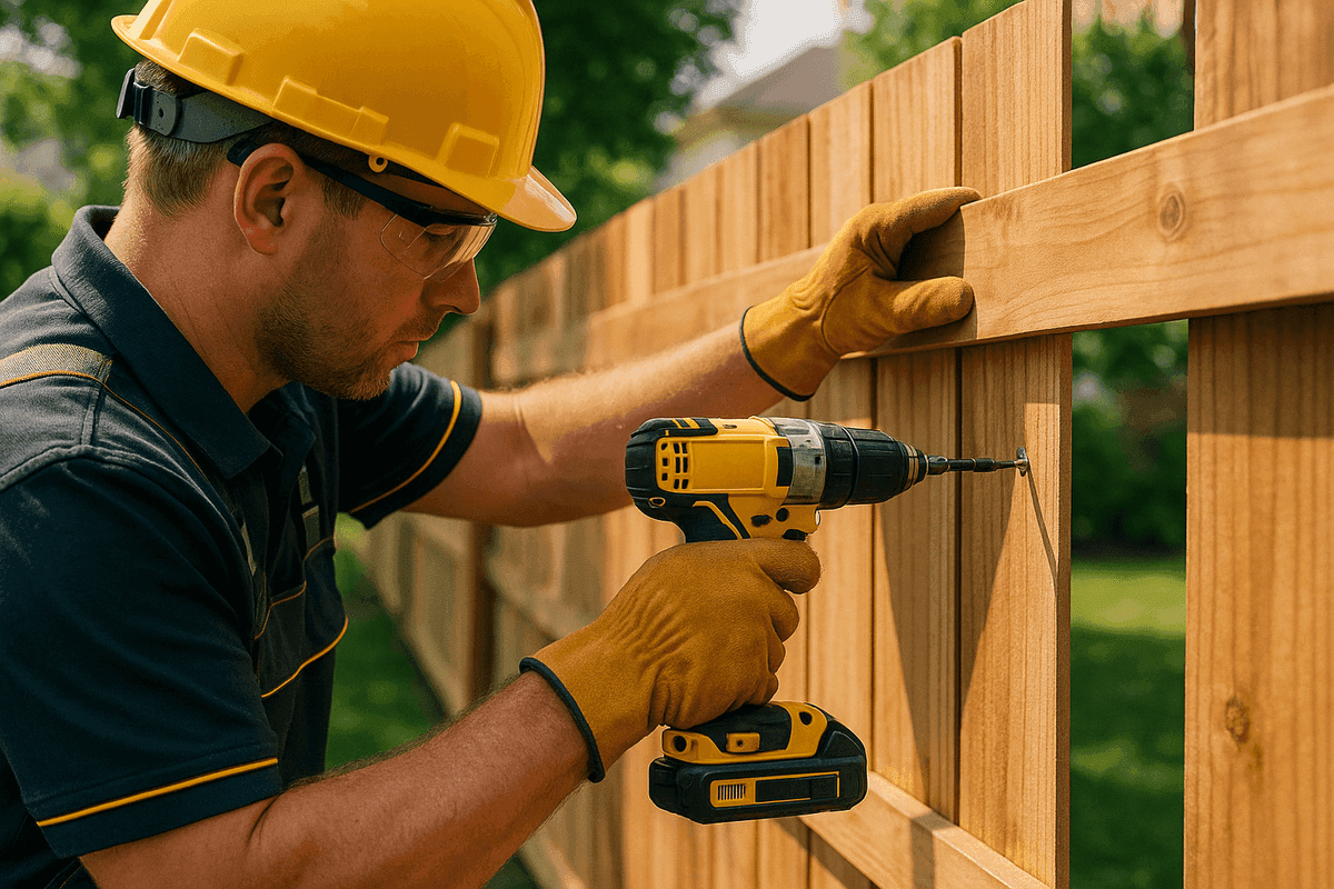 Close-up of worker measuring and securing wooden fence panel with drill in backyard