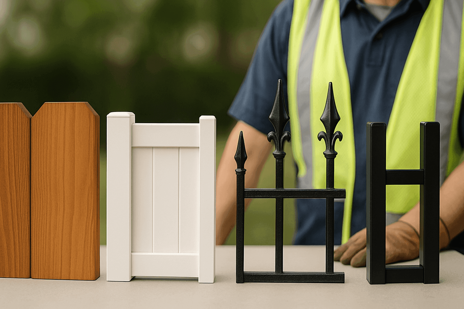 Samples of wood, vinyl, and metal fencing materials side by side
