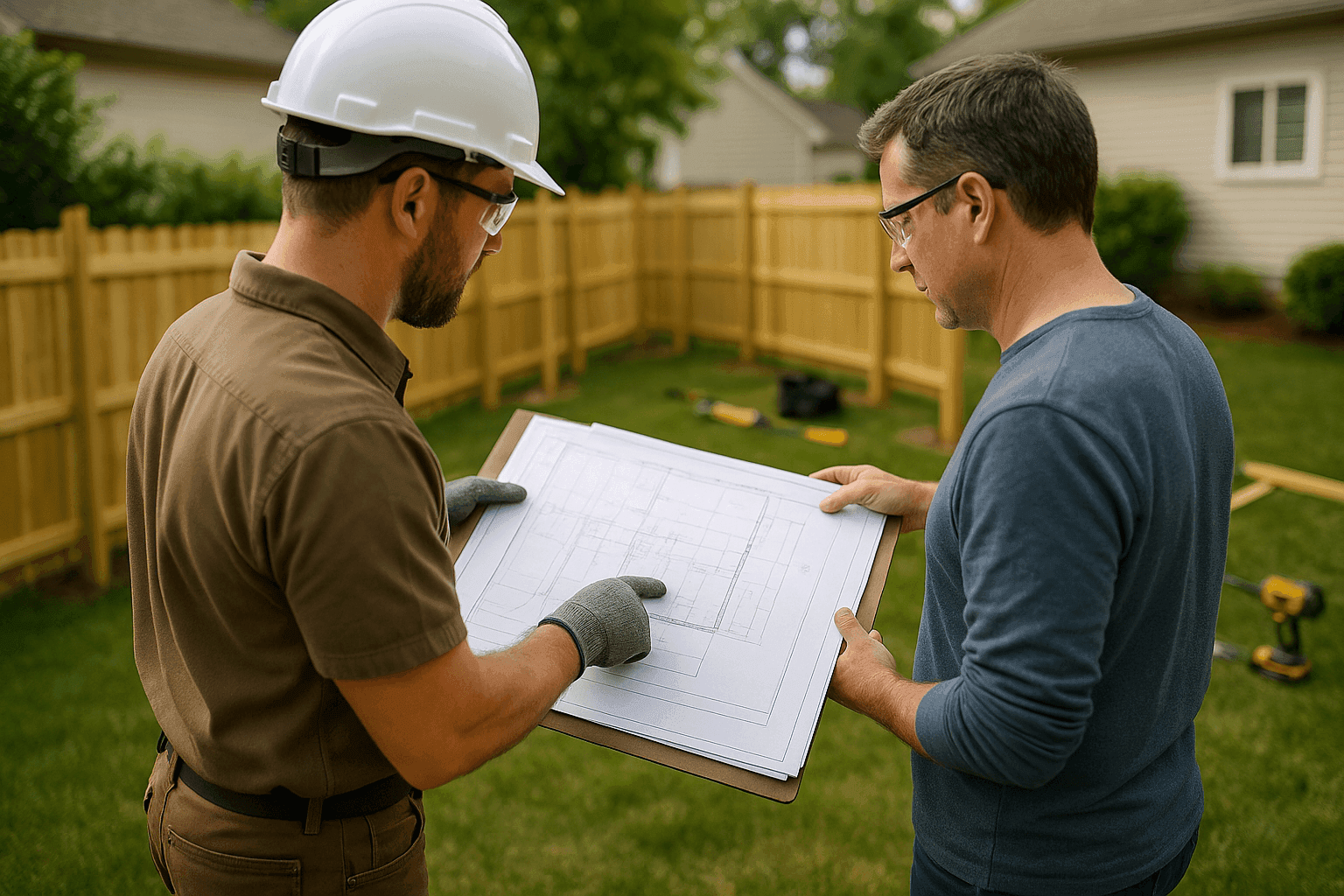 Homeowner discussing plans with a fencing contractor at a residential site